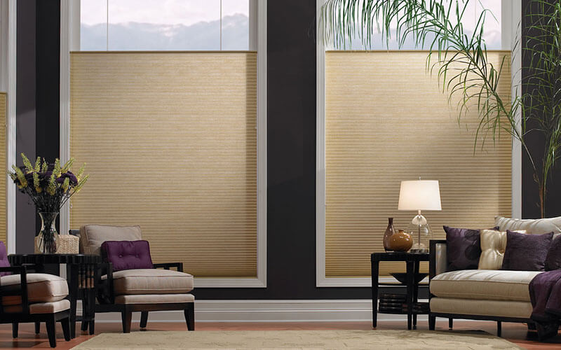 an image of a luxury home with large windows covered by honeycomb blinds